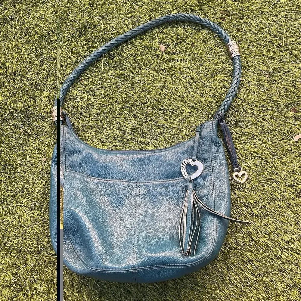 Brighton Blue Leather Hobo Shoulder Bag Braided Strap Heart Tassel Purse